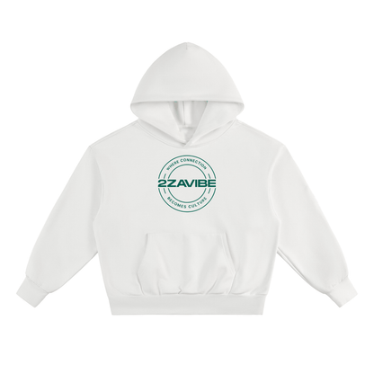 White heavyweight fleece hoodie with green 22VIBE logo and kangaroo pocket, oversized relaxed fit, cozy and durable for everyday wear