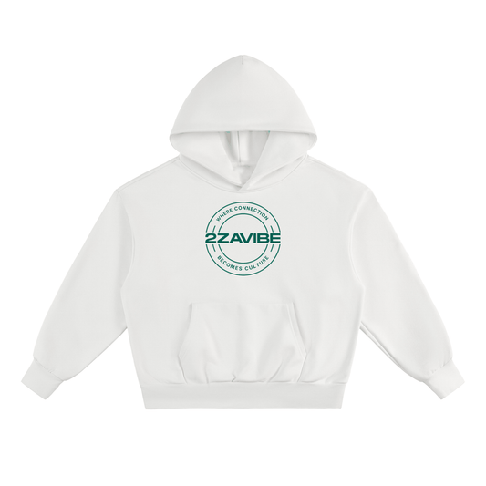 White heavyweight fleece hoodie with green 22VIBE logo and kangaroo pocket, oversized relaxed fit, cozy and durable for everyday wear
