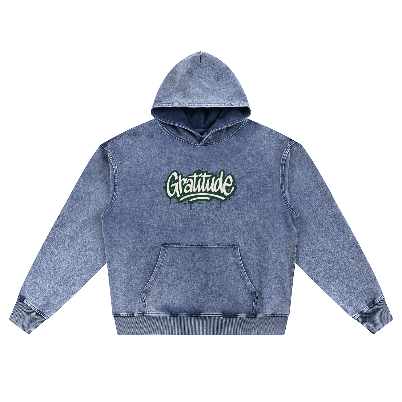 Gratitude Snow Wash oversized cotton streetwear hoodie with hood and front pocket in blue-grey shade