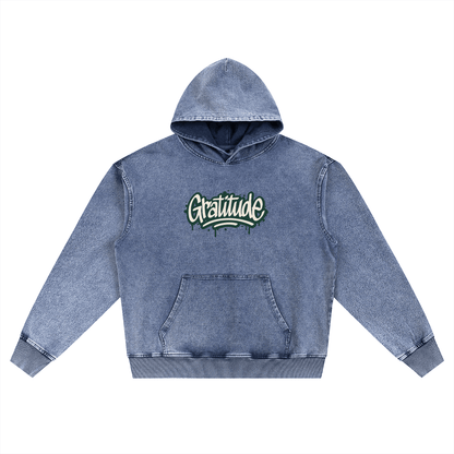 Gratitude Snow Wash oversized cotton streetwear hoodie with hood and front pocket in blue-grey shade