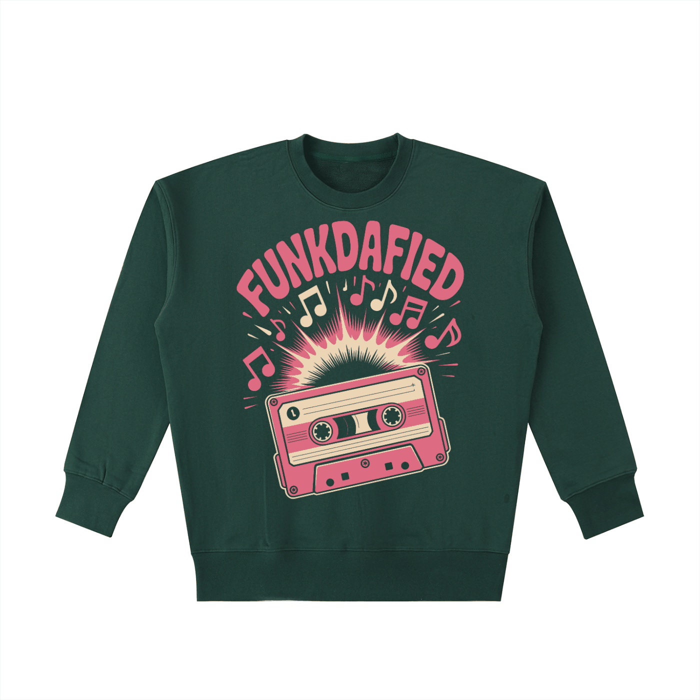 Green Funkdafied Essential Heavyweight Cotton Sweatshirt with pink cassette tape and musical notes graphic, oversized streetwear fit