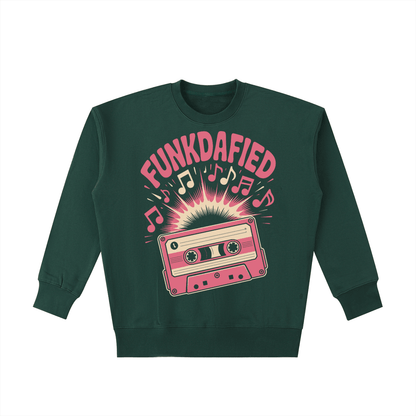 Green Funkdafied Essential Heavyweight Cotton Sweatshirt with pink cassette tape and musical notes graphic, oversized streetwear fit