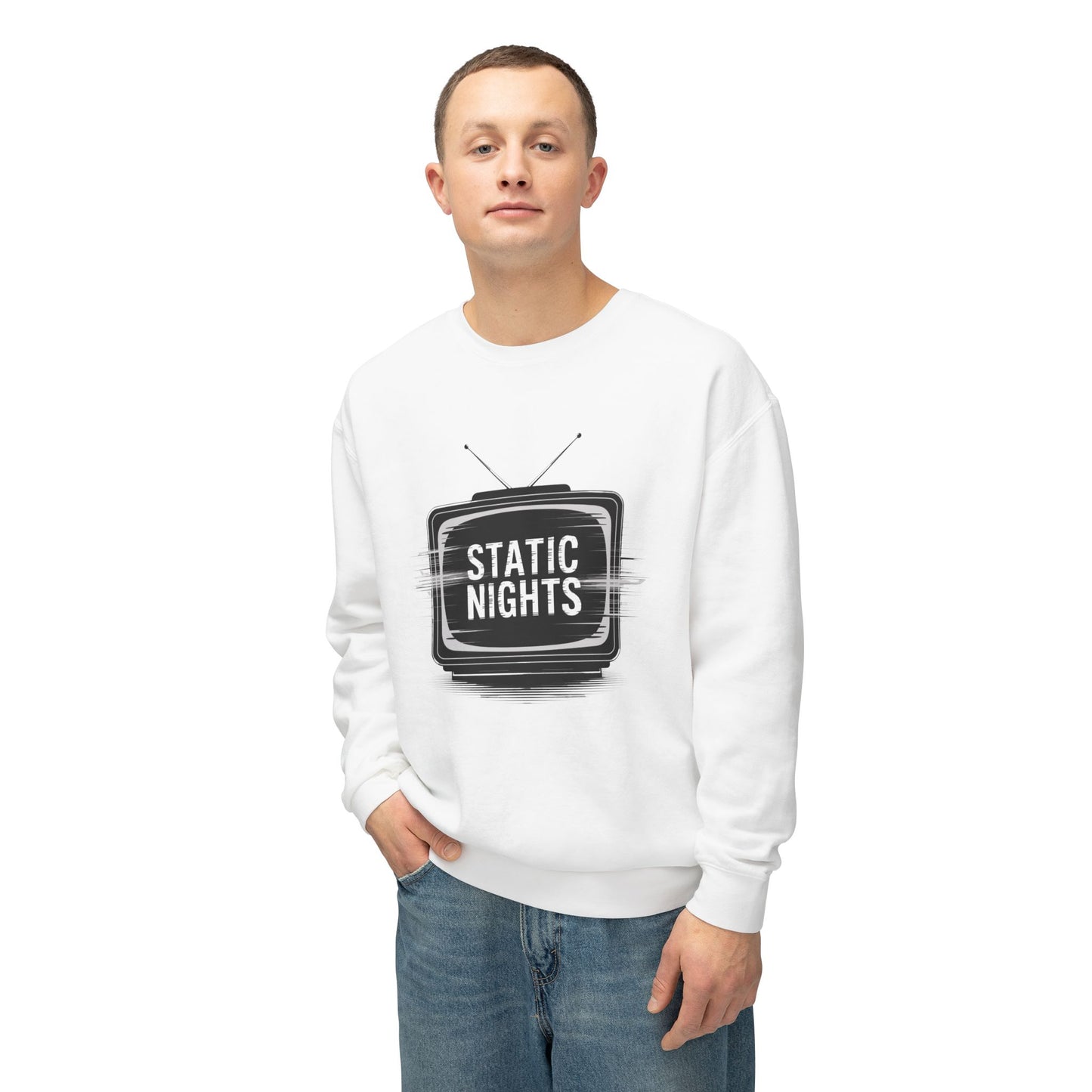 Static Nights Unisex Lightweight Crewneck Sweatshirt | Cozy Loungewear, Casual Style, Gift Idea for Teens, Music Lovers, Fall Fashion