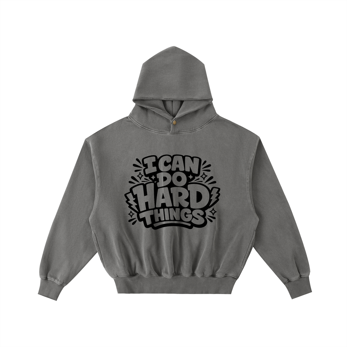 I Can Do Hard Things Frayed Wash Hoodie in Dark Gray, unisex streetwear