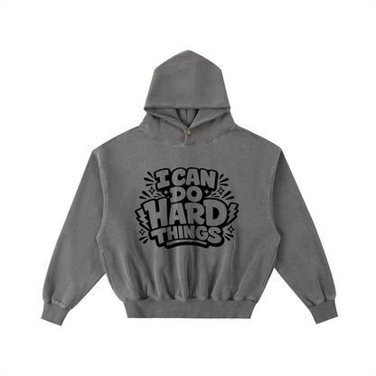 I Can Do Hard Things Frayed Wash Hoodie in Dark Gray, unisex streetwear