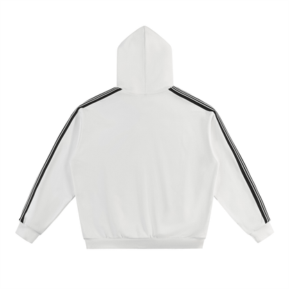 White Vibe Society hoodie with black side stripes and drop shoulder design, oversized fit, cozy streetwear style.
