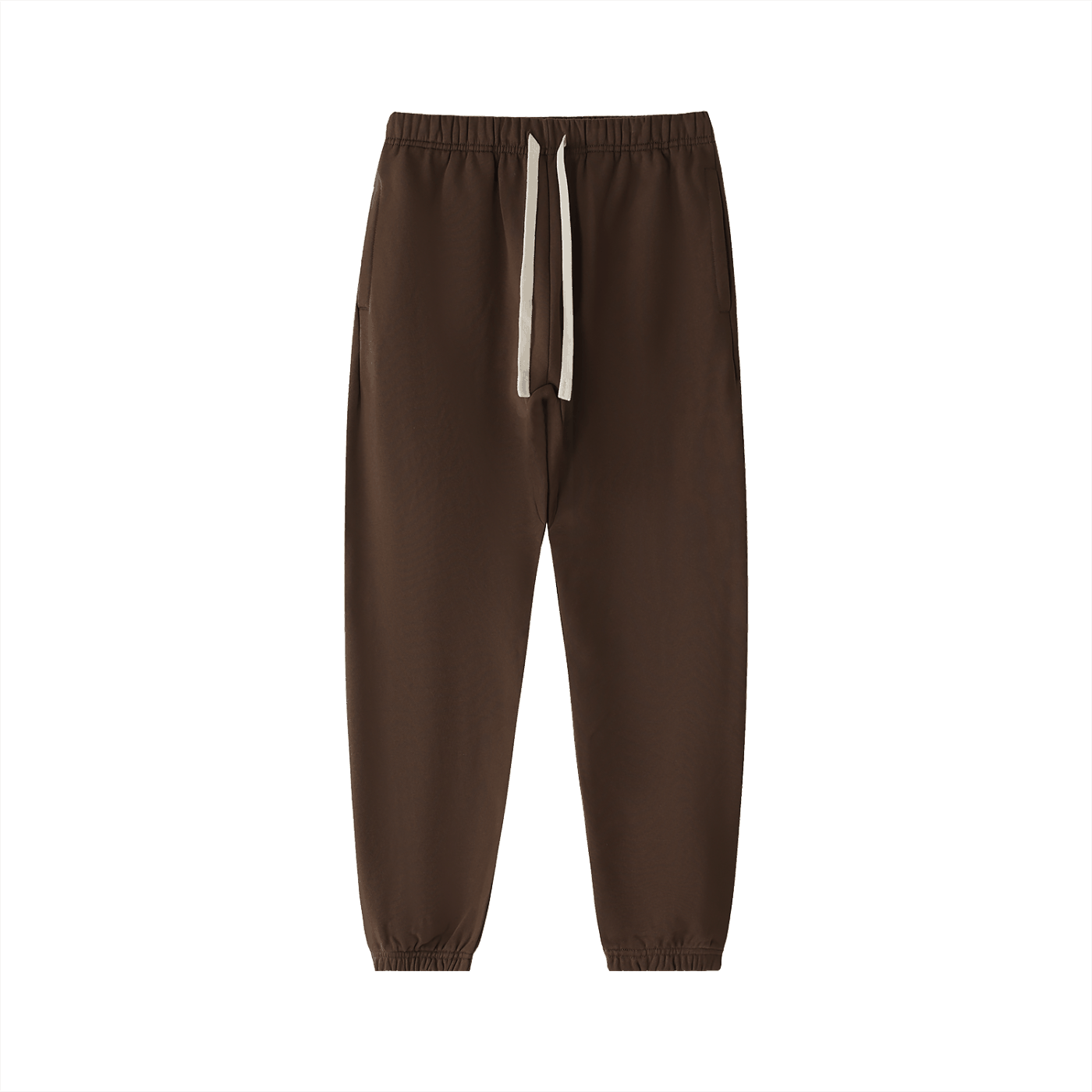 Brown heavyweight cotton sweatpants with drawstring waistband and elastic cuffs, cozy streetwear joggers.