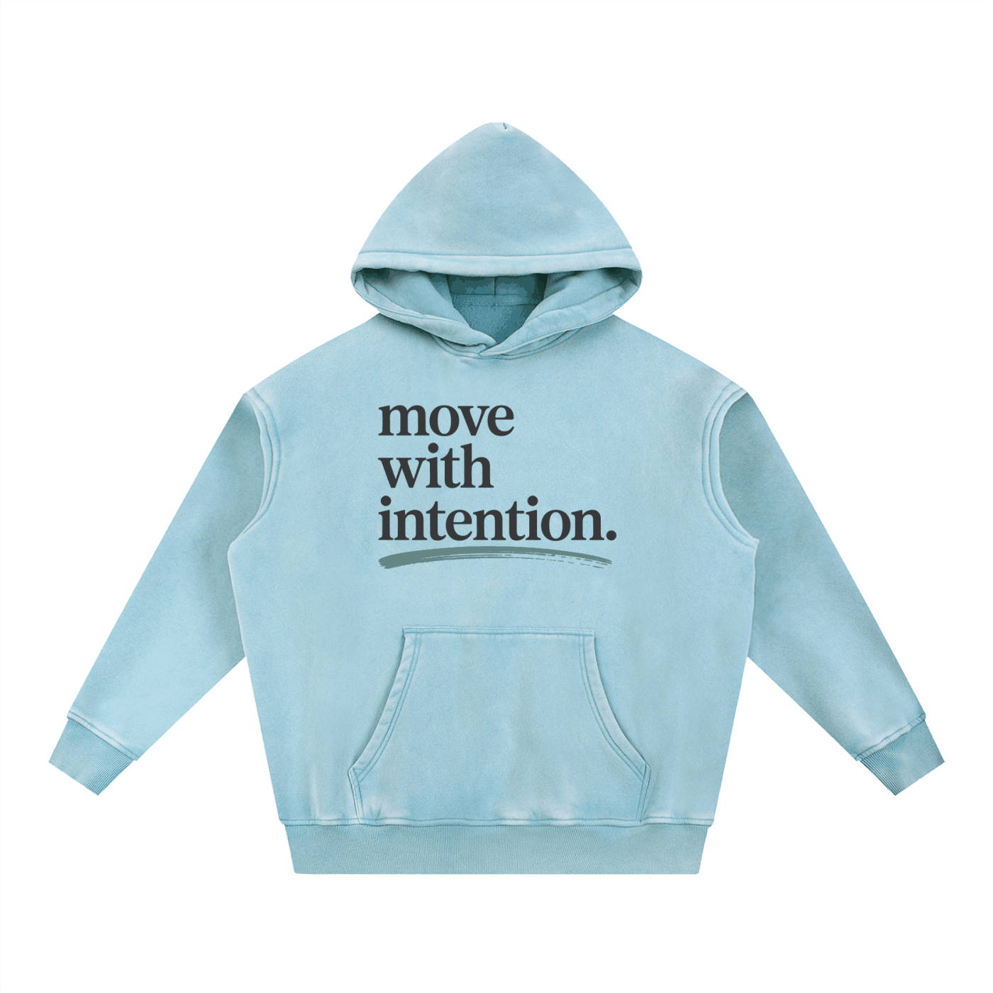 Unisex Move with Intention Snow Wash Fleece Hoodie in light blue with oversized fit and front pouch pocket