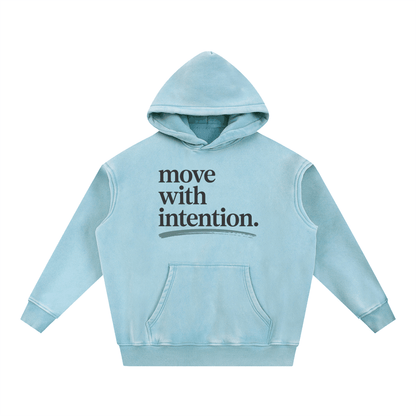 Unisex Move with Intention Snow Wash Fleece Hoodie in light blue with oversized fit and front pouch pocket
