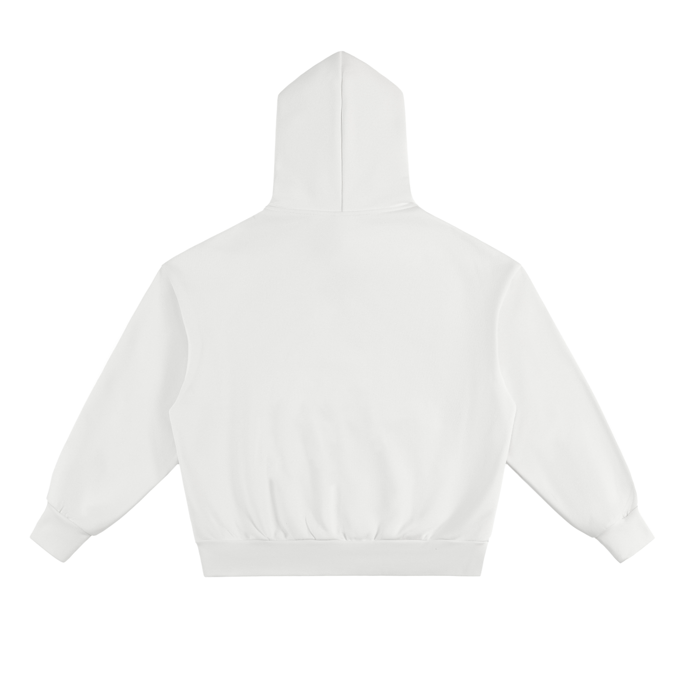 White heavyweight fleece hoodie with relaxed fit and roomy hood, back view