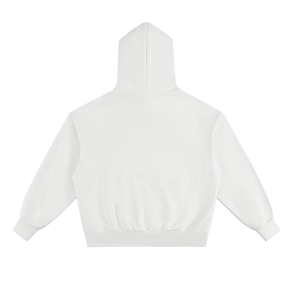White heavyweight fleece hoodie with relaxed fit and roomy hood, back view
