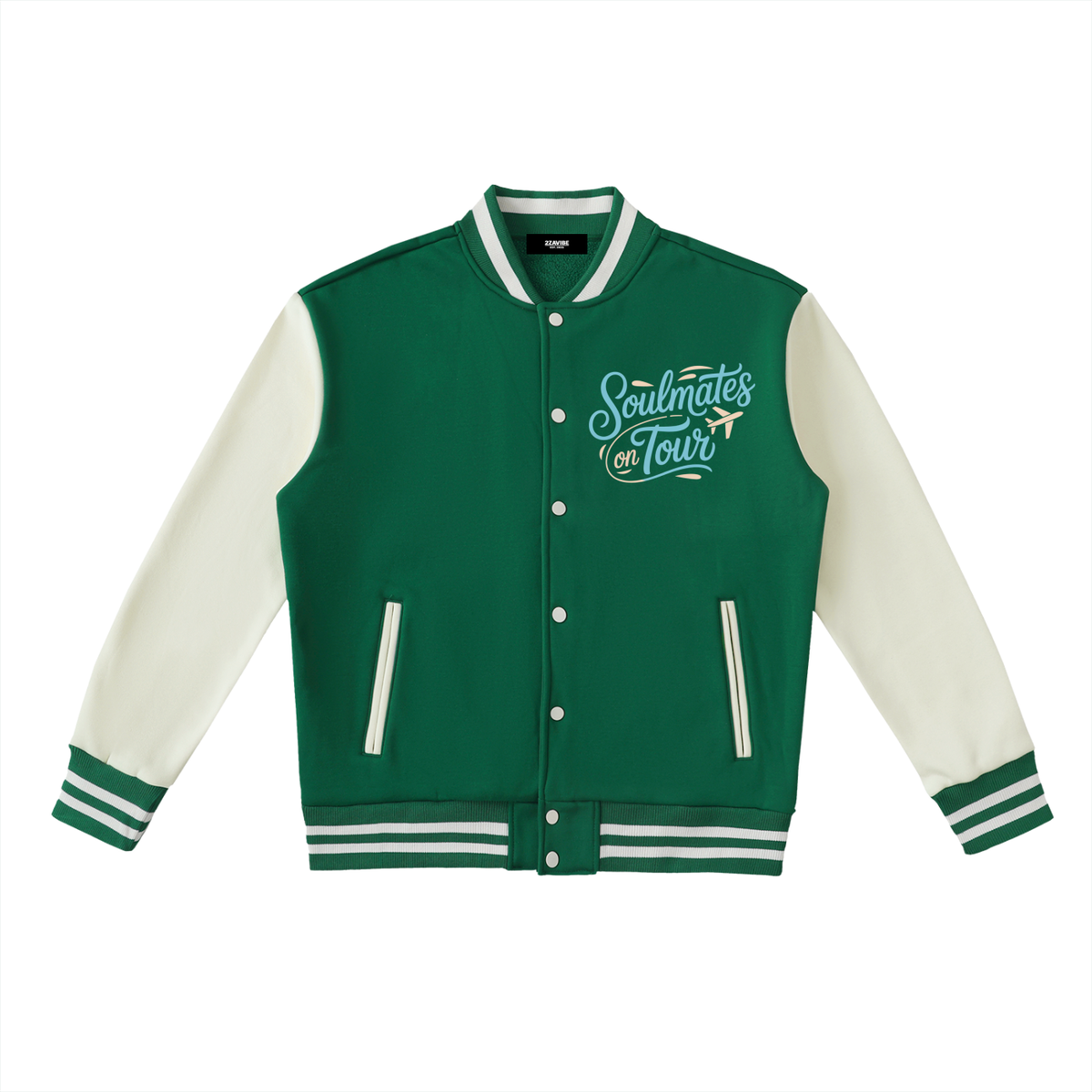 Soulmates on Tour Varsity Jacket in Green with White, unisex streetwear