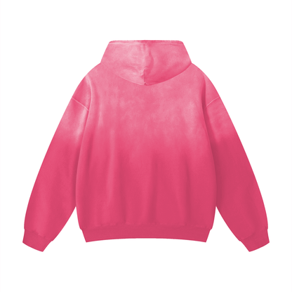 Back view of pink Gratitude Vibe Heavyweight Sunfade Oversized Hoodie with sunfade effect and hood