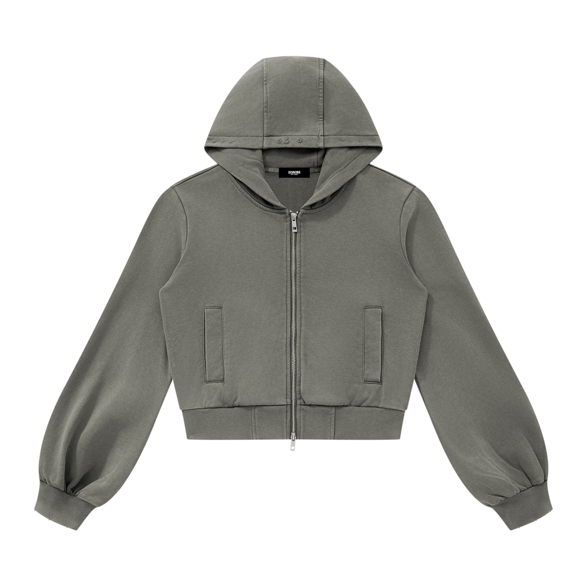 Vintage Wash Cropped Zip Hoodie in Dark Gray, women's streetwear