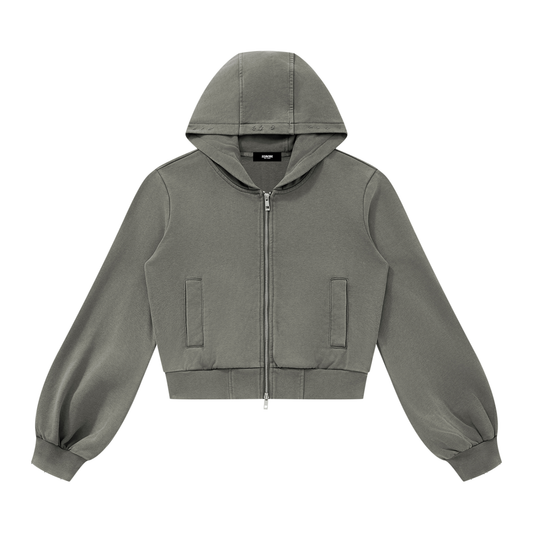 Vintage Wash Cropped Zip Hoodie in Dark Gray, women's streetwear