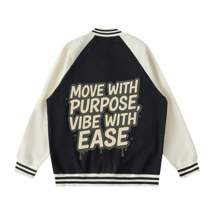 Black and white two tone raglan sleeve varsity jacket with Move with Purpose Vibe with Ease text on back
