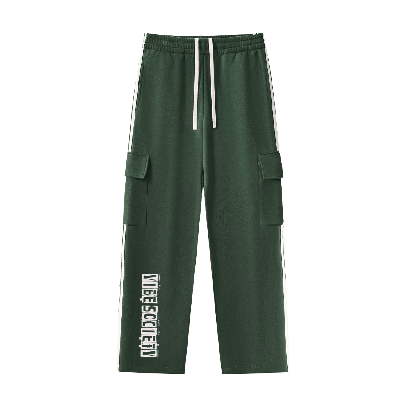 Vibe Society Side Stripe Pants green straight-leg with side pockets and white stripe detail