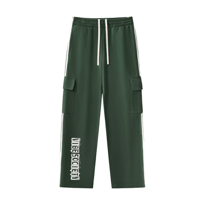 Vibe Society Side Stripe Pants green straight-leg with side pockets and white stripe detail