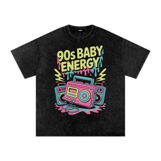 90s Baby Energy Snow Wash Tee in Black, unisex streetwear