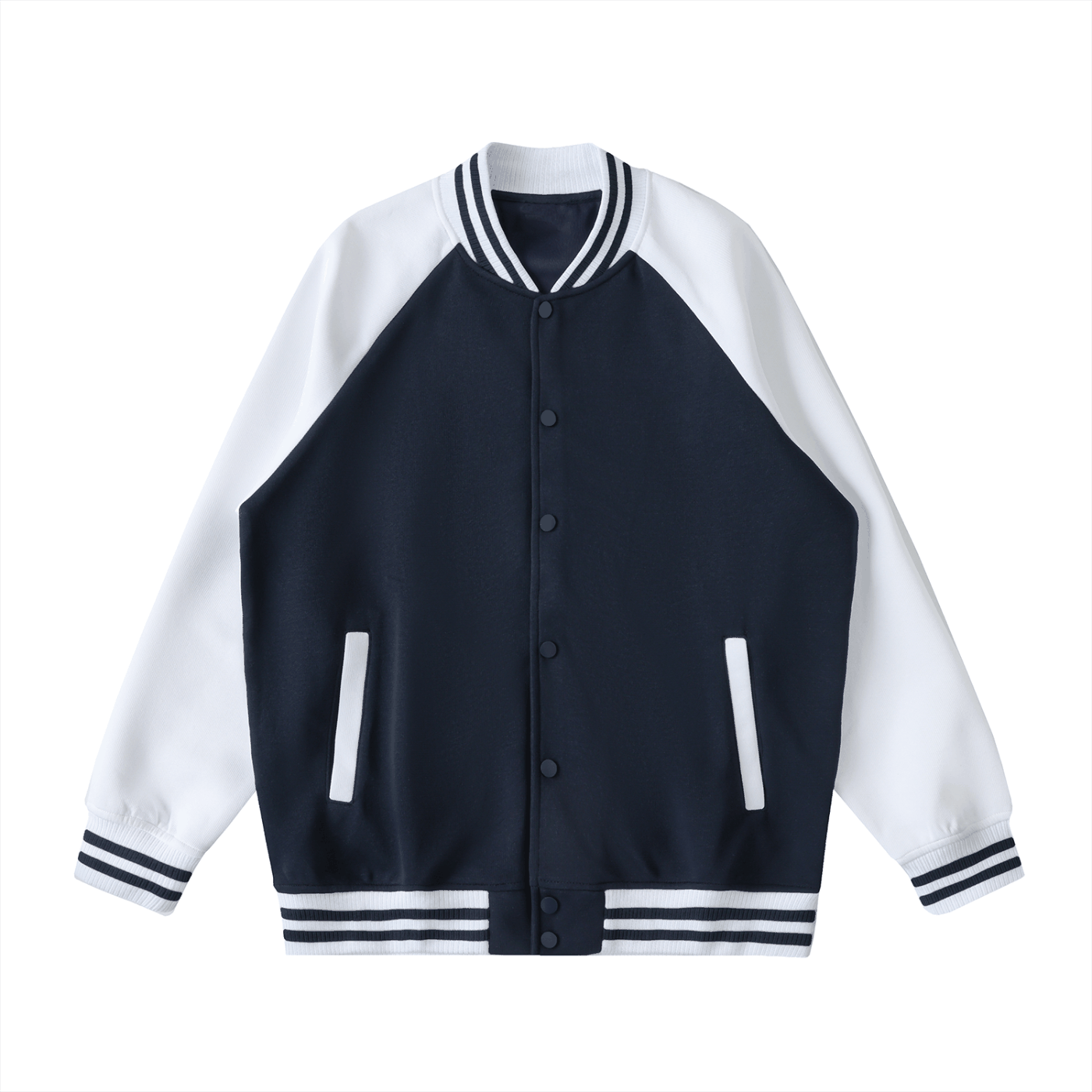 Unisex two tone raglan sleeve varsity jacket with button-up front, navy body, white sleeves, and striped cuffs and collar