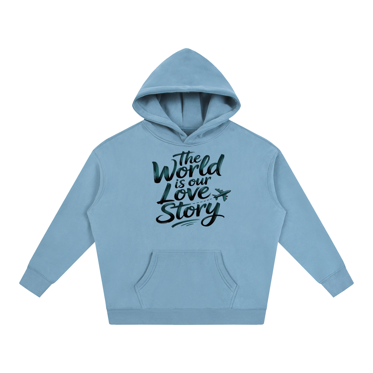 The World Is Our Love Story Hoodie in Medium Blue, unisex streetwear
