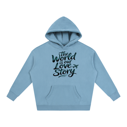 The World Is Our Love Story Hoodie in Medium Blue, unisex streetwear