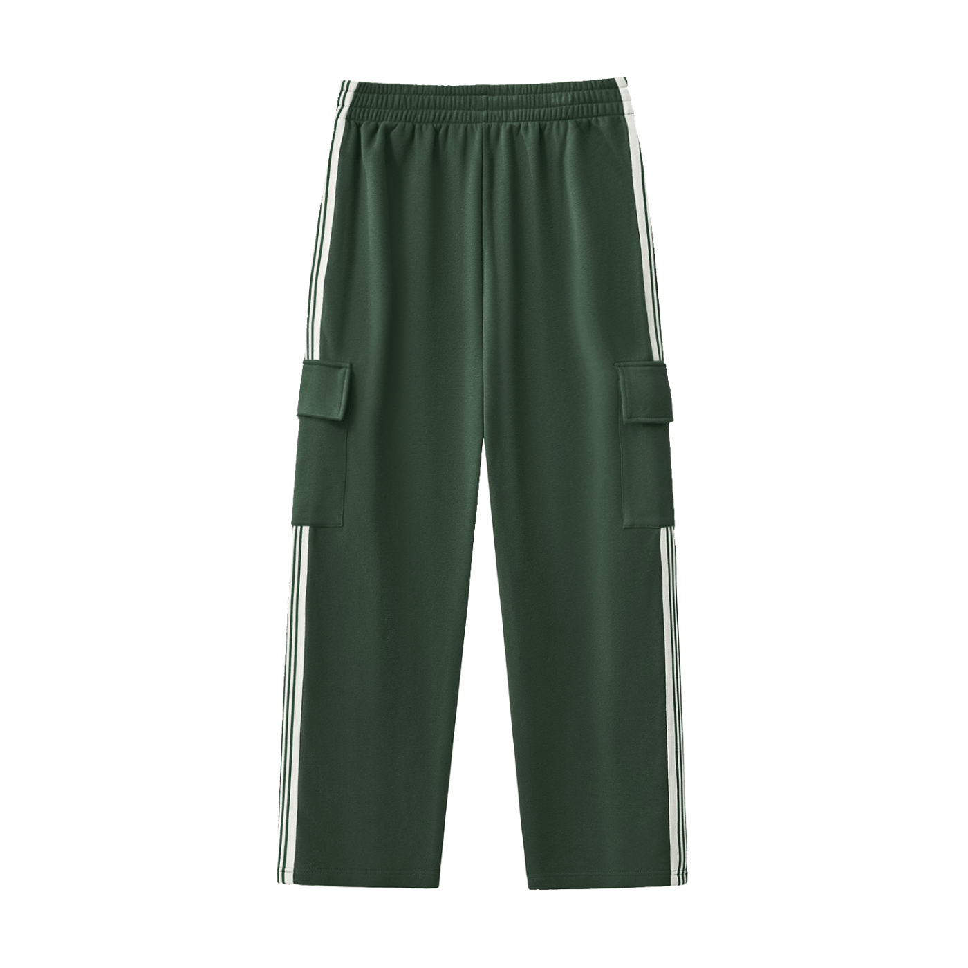 Vibe Society Side Stripe Pants in dark green with white side stripes and cargo pockets, straight-leg, elastic waistband, unisex streetwear style.