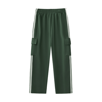 Vibe Society Side Stripe Pants in dark green with white side stripes and cargo pockets, straight-leg, elastic waistband, unisex streetwear style.