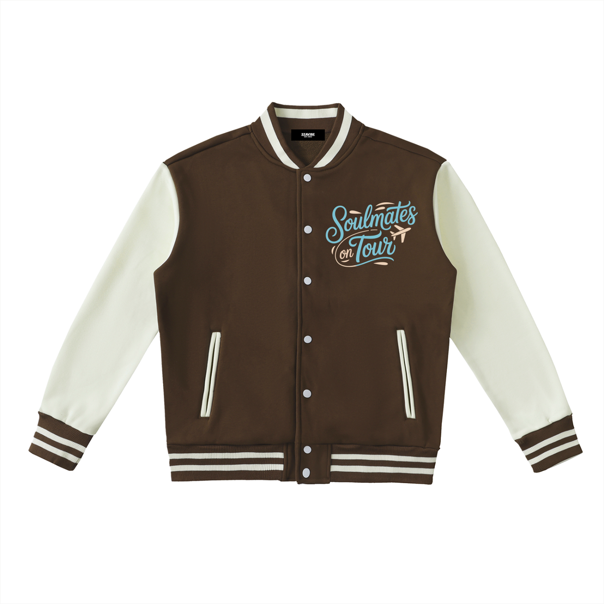 Soulmates on Tour Varsity Jacket in Coffee with White, unisex streetwear