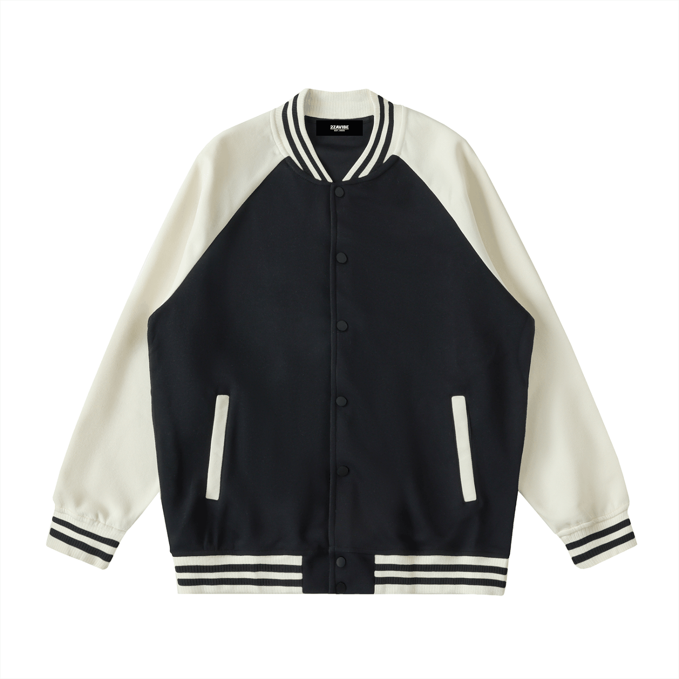 Two Tone Raglan Sleeve Varsity Jacket with black body, white sleeves, striped cuffs and collar, button-up front.