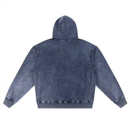 Back view of oversized Gratitude Snow Wash Hoodie in soft cotton blend with drop shoulder and hood
