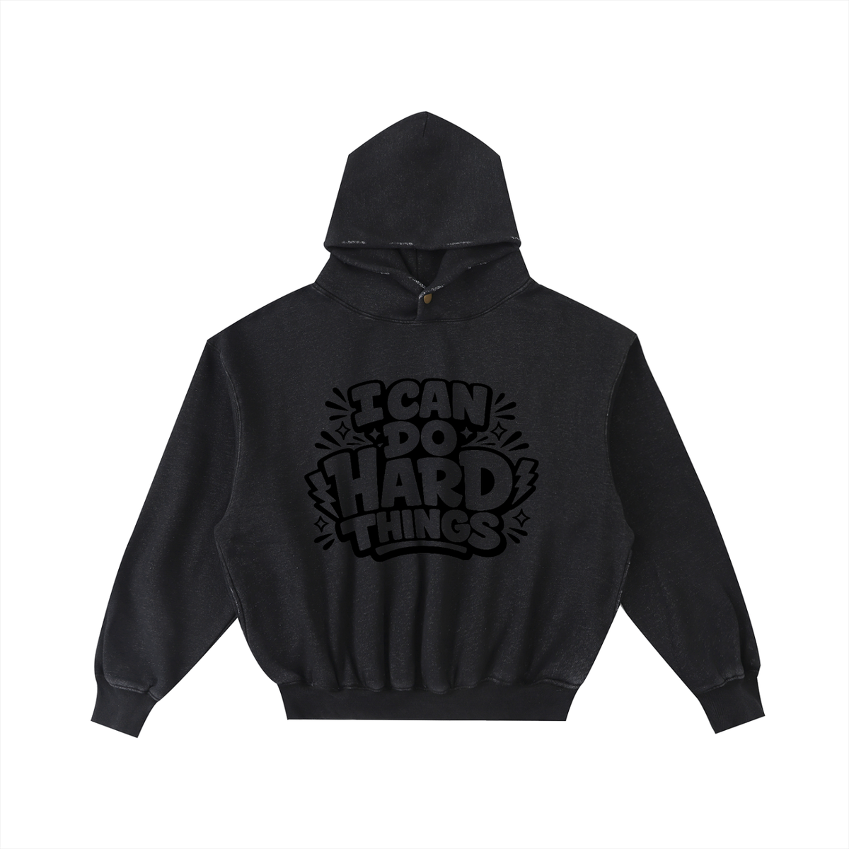 I Can Do Hard Things Frayed Wash Hoodie in Black, unisex streetwear