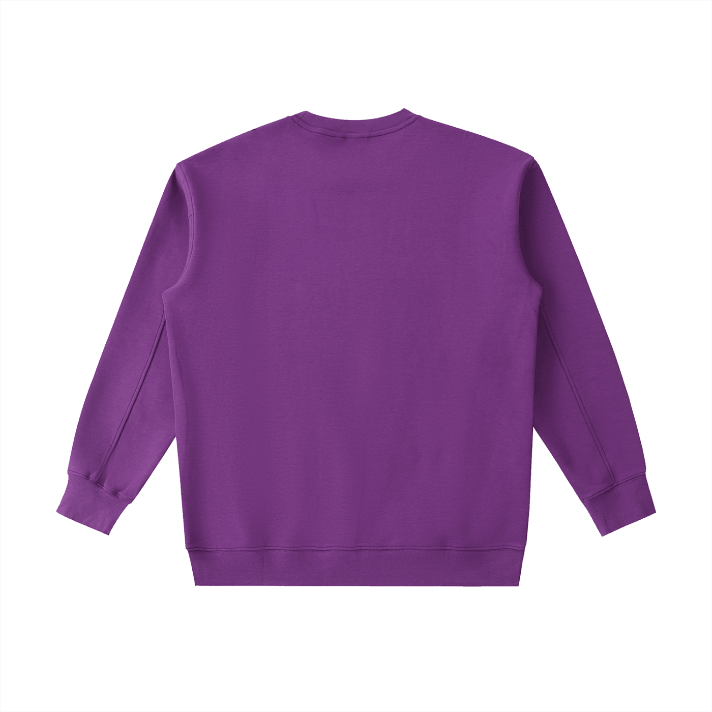 Back view of purple heavyweight crewneck sweatshirt with long sleeves and ribbed cuffs.