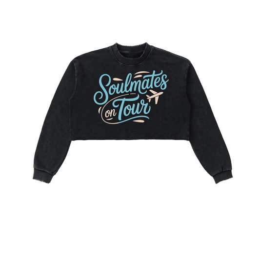 Soulmates on Tour black cropped sweatshirt with raw edge and long sleeves in cozy cotton streetwear style