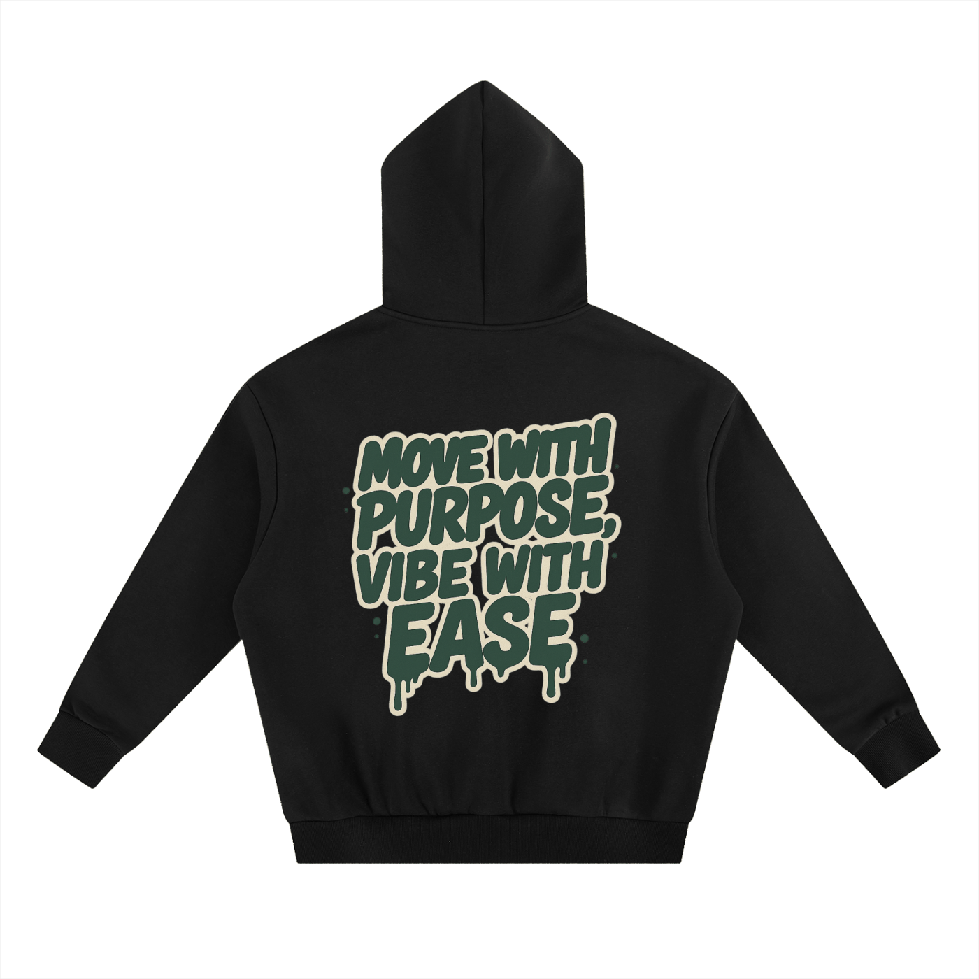 Black oversized cropped hoodie with "Move with Purpose, Vibe with Ease" print on back, cotton-polyester blend, casual streetwear style