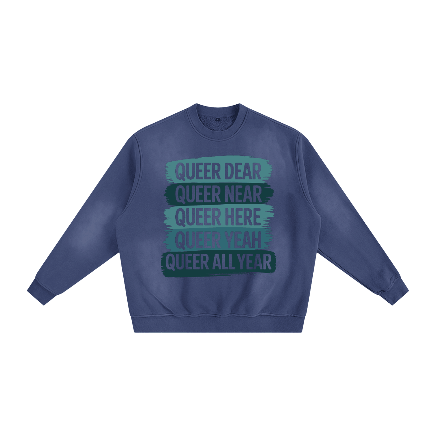 Sunfade Fleeced Sweatshirt in vintage washed navy with cozy fleece interior and relaxed fit, featuring printed rainbow text design, unisex casual streetwear.