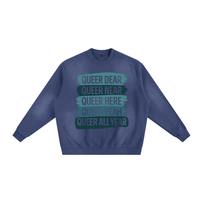 Sunfade Fleeced Sweatshirt in vintage washed navy with cozy fleece interior and relaxed fit, featuring printed rainbow text design, unisex casual streetwear.