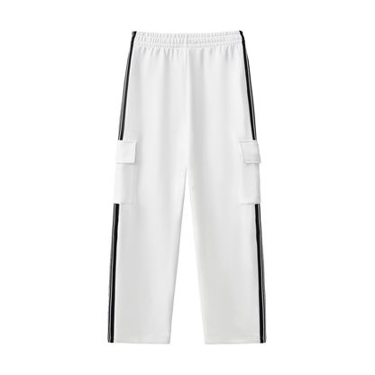 White Vibe Society Side Stripe Pants with black side stripes and cargo pockets, loose straight-leg streetwear style