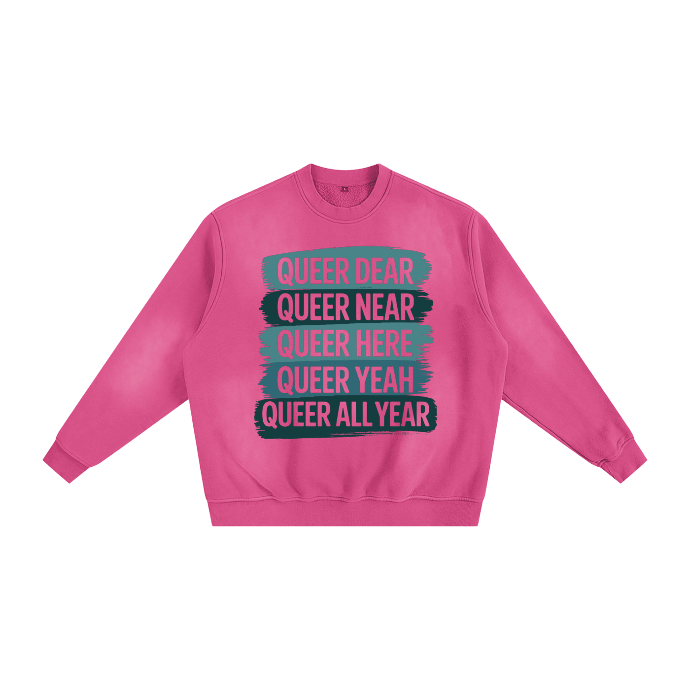 pink sunfade fleeced sweatshirt with queer all year text, vintage wash, cozy and relaxed fit for streetwear and everyday wear