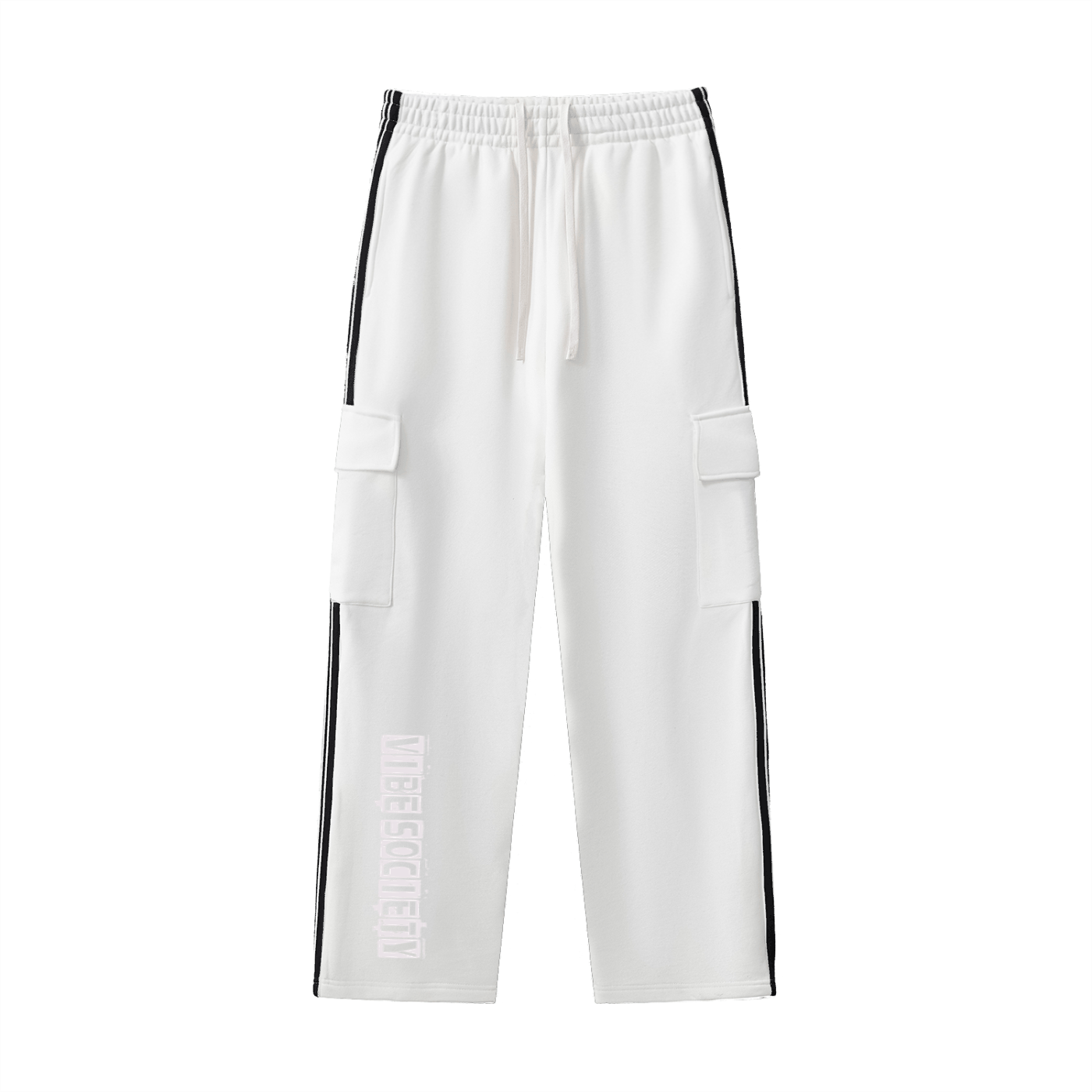 White Vibe Society Side Stripe Pants with black side stripes and cargo pockets, loose straight-leg fit, mid-waist design for casual streetwear style