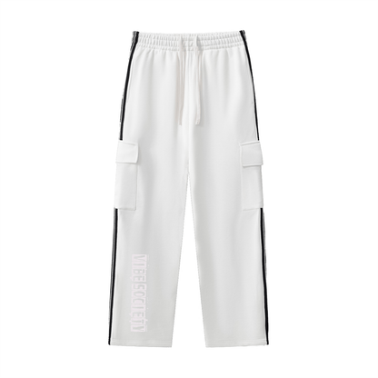 White Vibe Society Side Stripe Pants with black side stripes and cargo pockets, loose straight-leg fit, mid-waist design for casual streetwear style