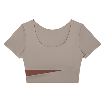Block Short-Sleeve Crop Top in Gray Purple with Brick Red, women's activewear