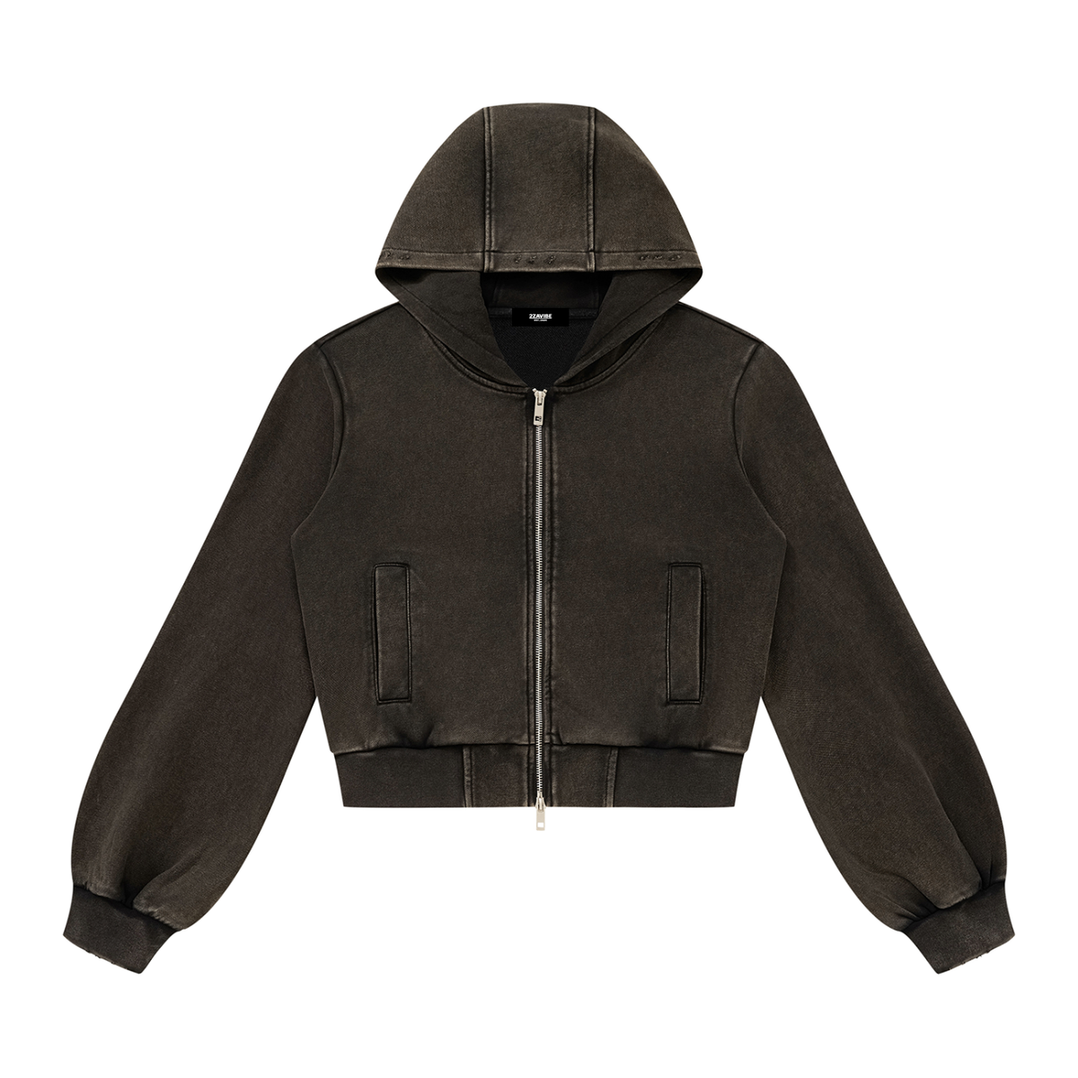 Vintage Wash Cropped Zip Hoodie in Black, women's streetwear