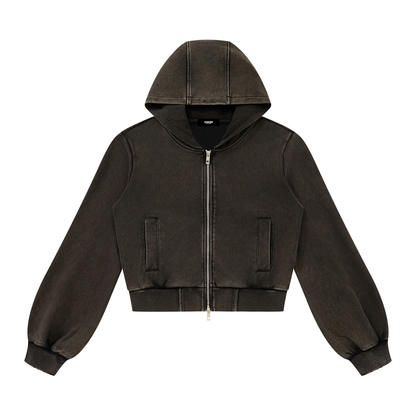 Vintage Wash Cropped Zip Hoodie in Black, women's streetwear