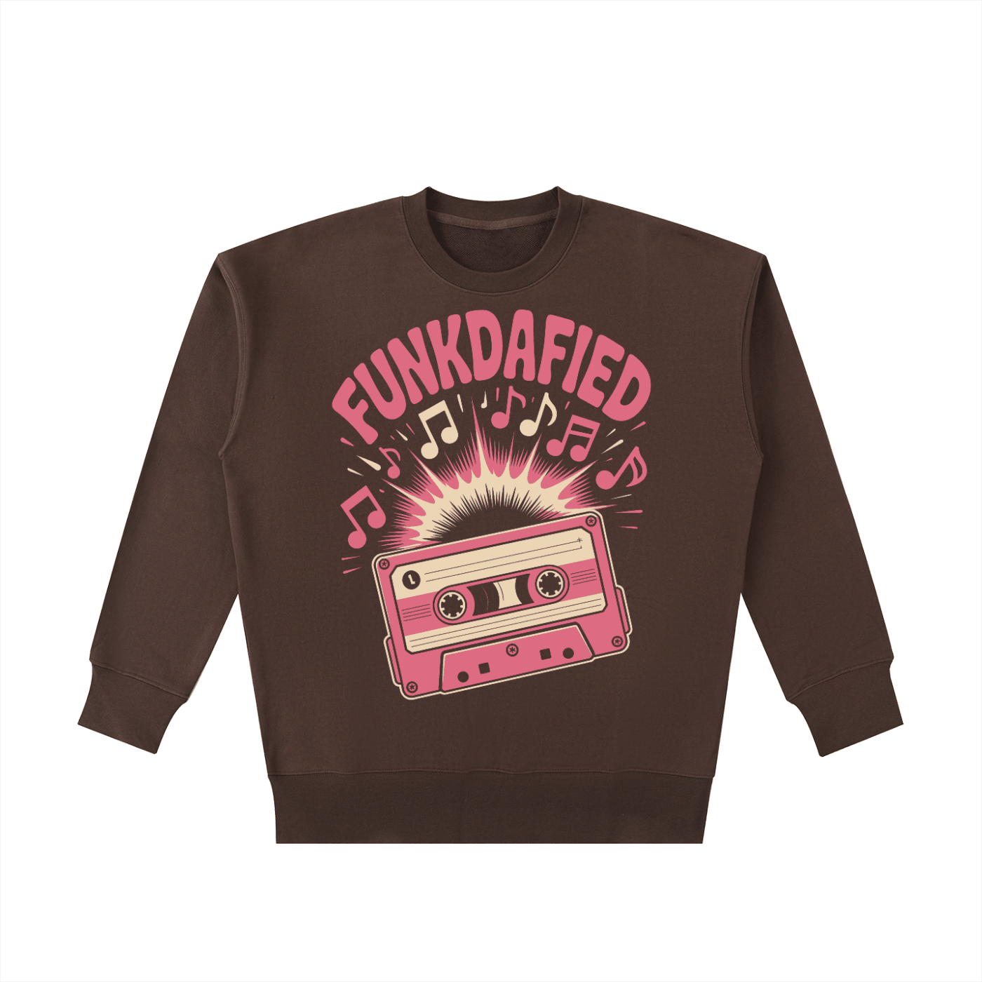 Funkdafied Essential Heavyweight Cotton Sweatshirt with retro cassette tape graphic in brown oversized fit