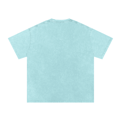 Back view of light blue snow washed oversized cotton t-shirt with short sleeves and round neckline