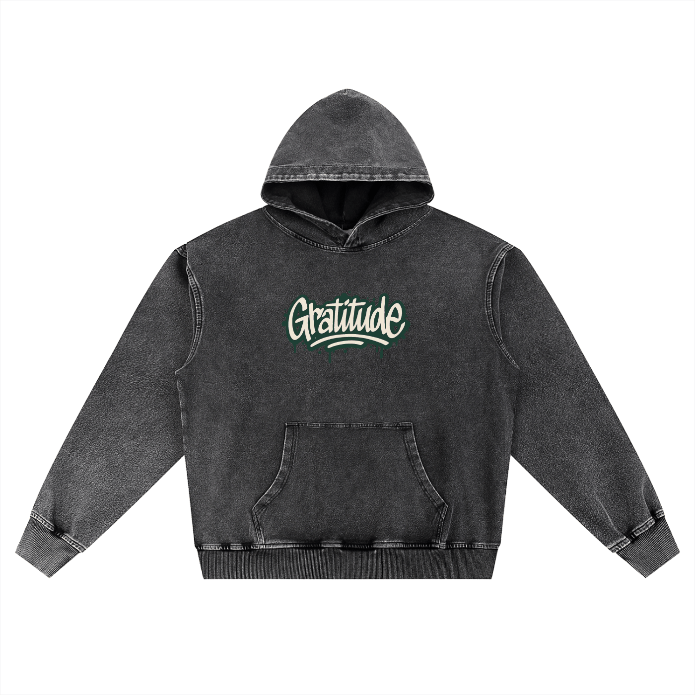 Gratitude Snow Wash oversized black cotton hoodie with front pocket and hood