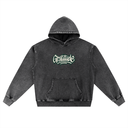 Gratitude Snow Wash oversized black cotton hoodie with front pocket and hood