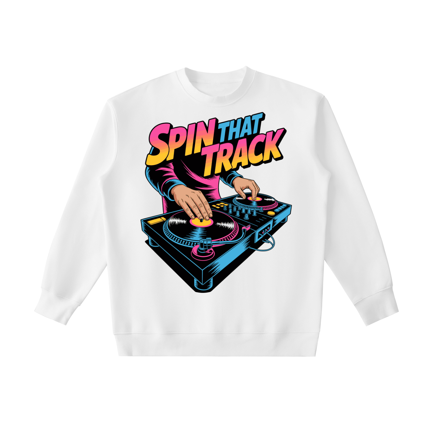 White heavyweight crewneck sweatshirt with colorful "Spin That Track" DJ turntable graphic design