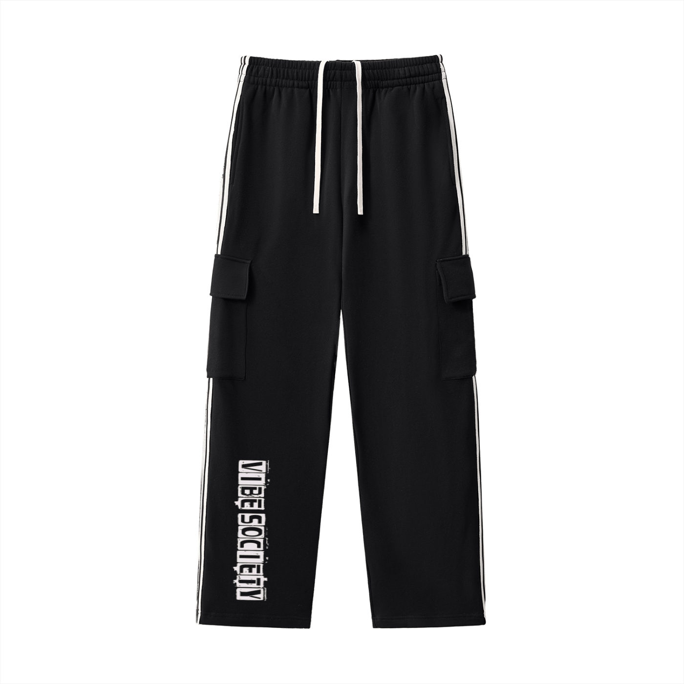 Black Vibe Society Side Stripe Pants with white stripes and cargo pockets, loose fit with drawstring waistband